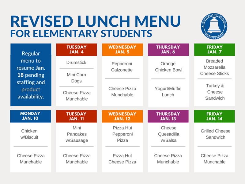 Revised lunch menu for WCSD elementary students through Jan. 14